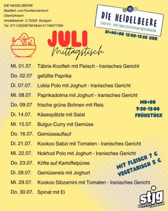 Die aktuelle Speisekarte des SFZ Heidelbeere für den laufenden Monat